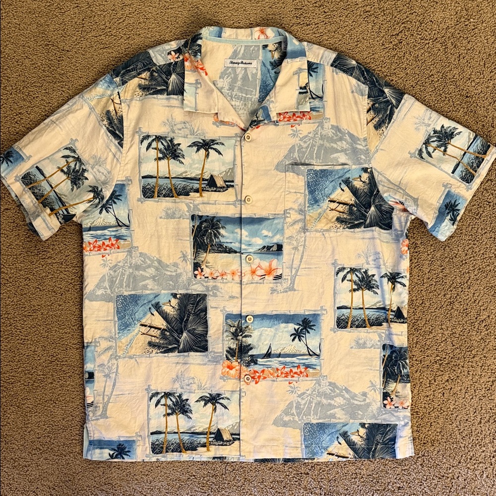 Tommy Bahama Button Down Pale Blue & Cream Tropical Hawaiian Shirt